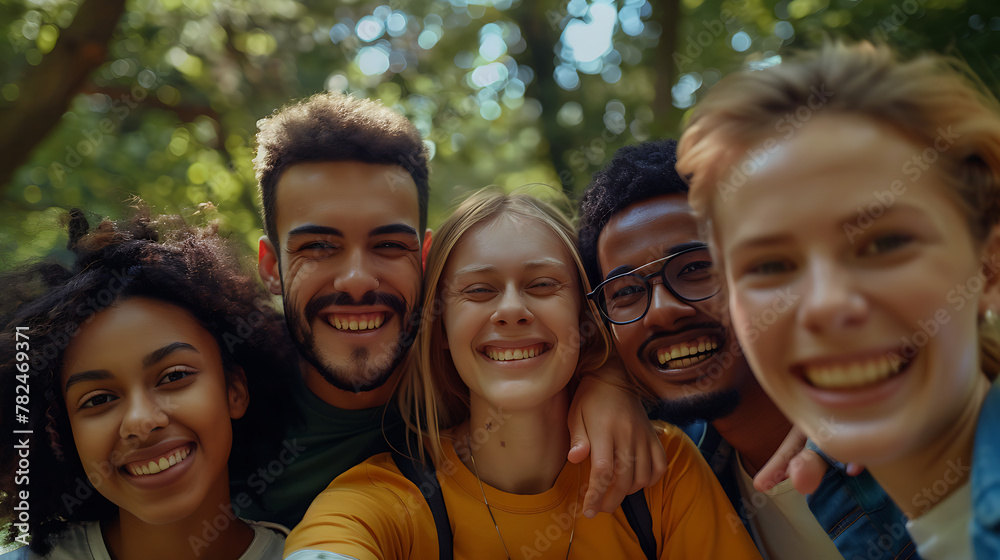 Obraz premium a group of people taking a picture together in a park with their arms around each other