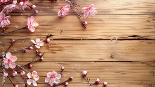 Springtime flat lay composition with pink cherry blossoms on a wooden background. Seasonal floral concept with copy space for design, invitation, and print