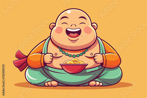 Fat cute laughing thali buddha eating noodles