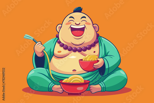 Fat cute laughing thali buddha eating noodles