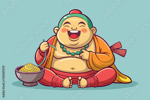 Fat cute laughing thali buddha eating noodles