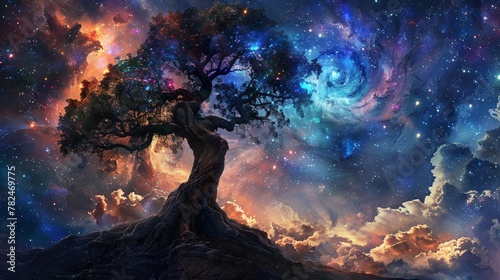 Cosmic dreamscape with majestic tree photo