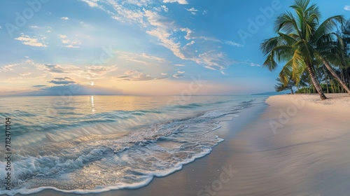 Serene tropical beach panorama at sunset