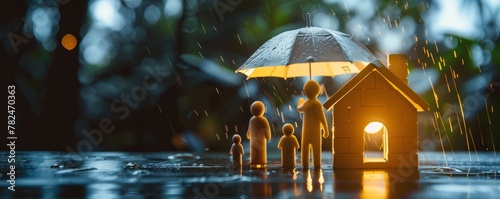 Illuminated house and paper family under an umbrella at night. Home safety and protection concept in low light. Creative cutout photography with rain effect for design and print