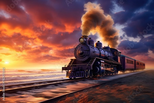 A train rolls down tracks at sunset, emitting pollution into the sky