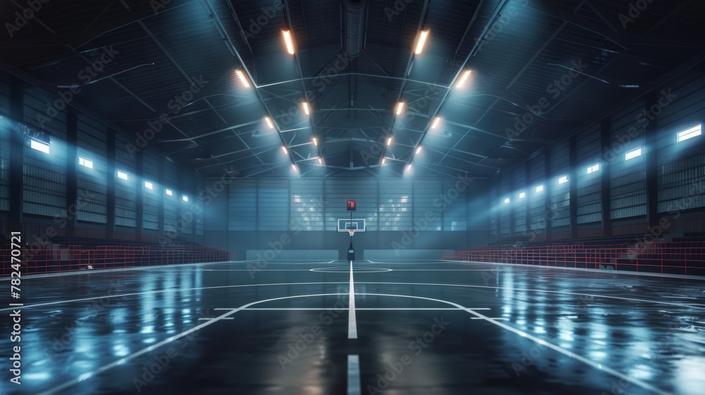 Modern indoor basketball court with dynamic lighting and glossy floor. - obrazy, fototapety, plakaty 