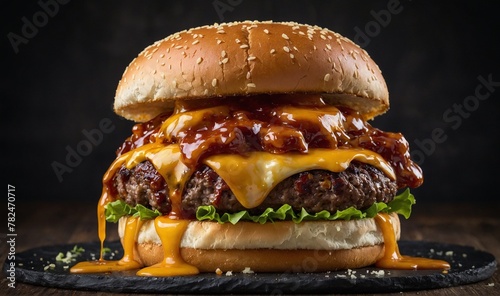 Tasty Burger With Melting Cheese and BBQ Sauce photo