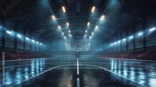Modern indoor basketball court with dynamic lighting and glossy floor.