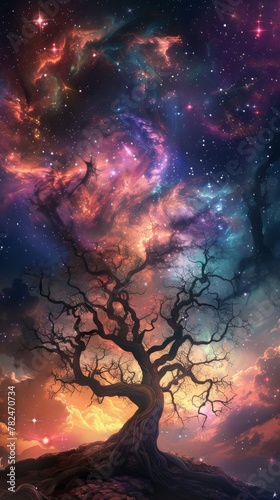 Mystical tree under starry galaxy sky