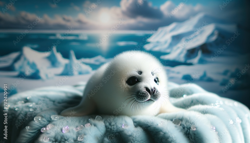Naklejka premium Adorable Seal Pup Resting in a Serene Arctic Winter Landscape