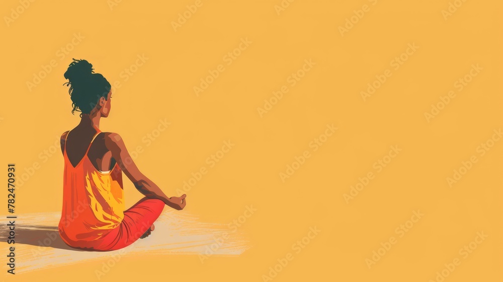 Woman in a meditative yoga pose, her silhouette cast against warm orange background, embodying calm and focus