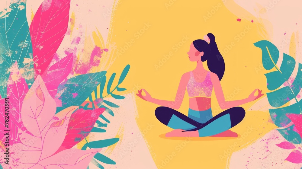Colorful illustration of woman in meditation pose, harmoniously blended with vibrant tropical foliage in vivid yoga sanctuary