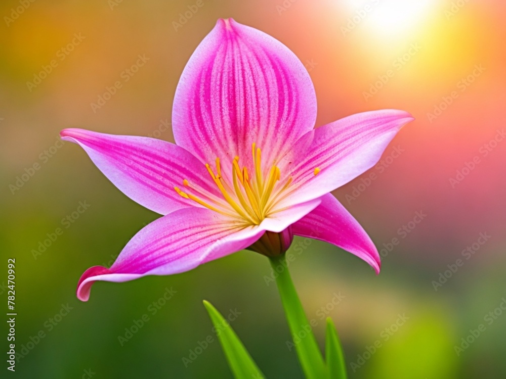 Pink lily flower blooming at sunrise	
