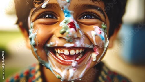 Joyful Child with Colorful Face Paint Celebrating Outdoors photo