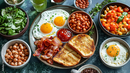 A plate of breakfast food with bacon  eggs  tomatoes  and toast. The plate is set on a table with a glass of orange juice