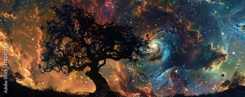 Surreal cosmic landscape with silhouetted tree