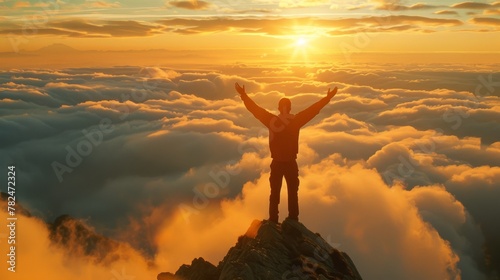 Man embracing sunrise above clouds #782472324