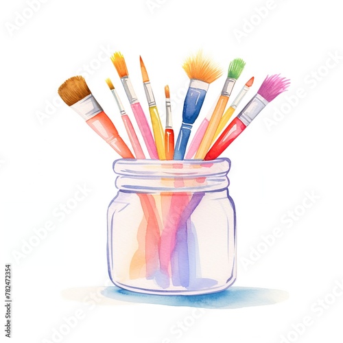 Paintbrushes, Paintbrushes in jar, vibrant against white, cartoon drawing, water color style.