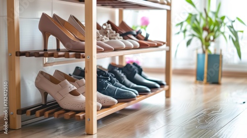 Assorted shoes neatly arranged on a wooden shoe rack. Home organization and interior design concept.