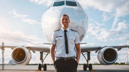 Smiling pilot in front of airplane. Happy airline pilot with jet aircraft, professional aviator portrait.
