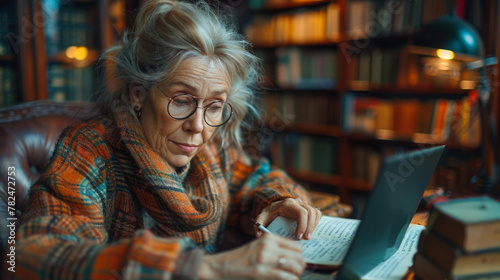 Senior stylish woman taking notes in notebook while using laptop at home. Old freelancer writing details on book while working on laptop in living room. Focused cool lady writing notary in notepad