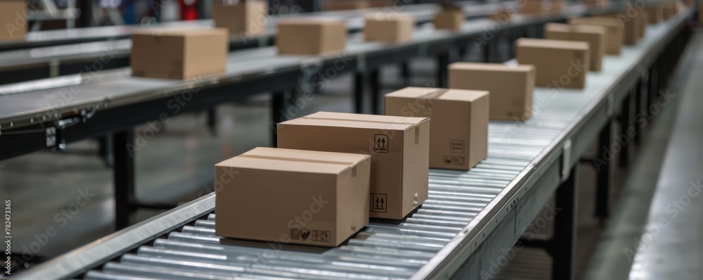 Cardboard boxes on automated conveyor system in modern distribution warehouse