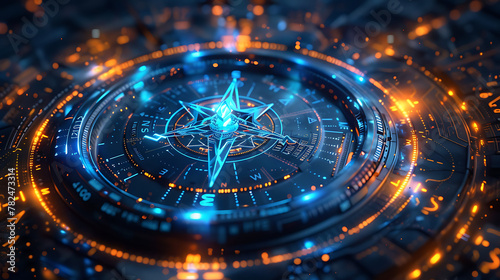 a futuristic digital compass adorned with intricate designs and glowing elements.