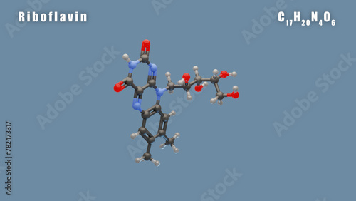 Riboflavin of C17H20N4O6 3D Conformer animated render. Food additive E101 photo