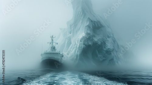 Mysterious voyage: ship approaching an iceberg in fog