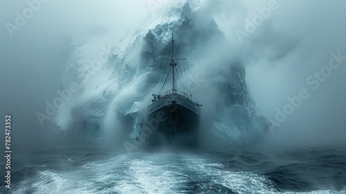 Ghost ship approaching iceberg in mist