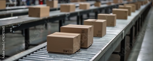 Cardboard boxes on automated conveyor system in modern distribution warehouse © ANStudio