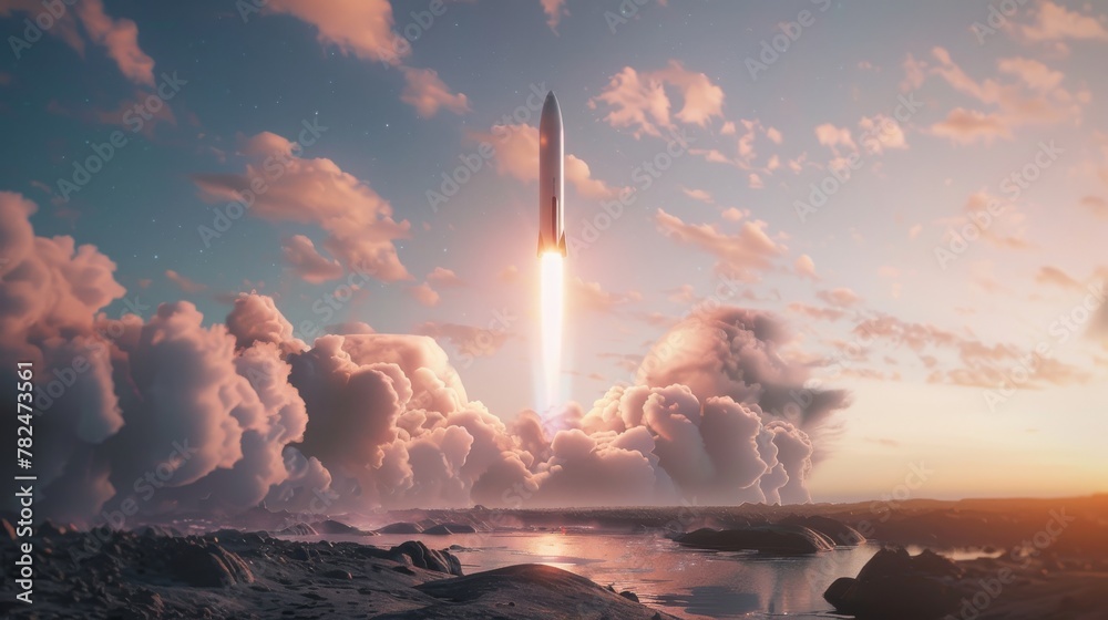 An artists rendering of a rocket launching into the sky with powerful thrust and flames, leaving the Earths atmosphere as it embarks on a journey into space.