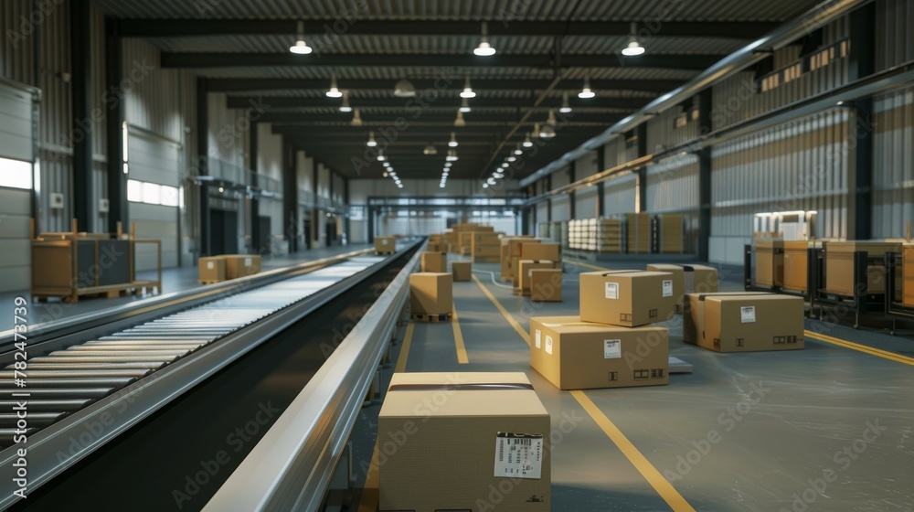 Modern warehouse automation with conveyor belts and parcels Modern warehouse automation with conveyor belts and parcels