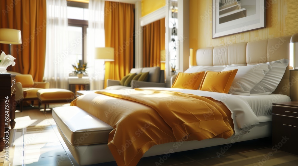 Sunny hotel bedroom with yellow accents and comfortable furniture. 3D rendering of cozy accommodation