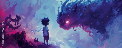 Boy encounters mystical creature in dreamlike fantasy world photo