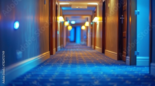 Hotel corridor with blue carpet and warm ambient lighting. 3D visualization of hospitality interior