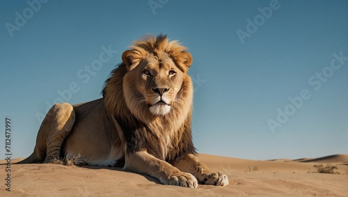 Golden Sands  Majestic Lion Resting Under Vast Blue Sky