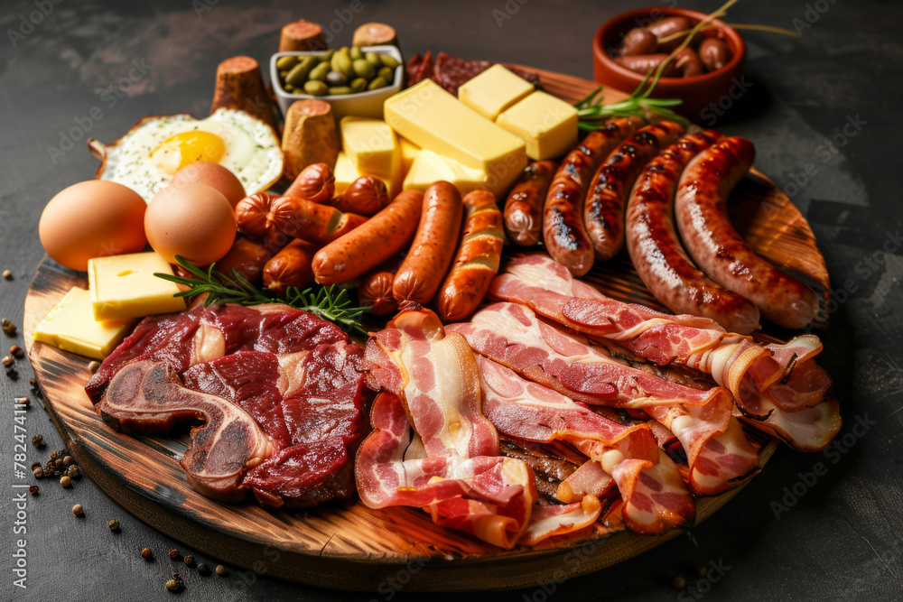 Plate full of meat, bacon, steak, eggs, sausages, butter and cheese. Generative AI Plate full of meat, bacon, steak, eggs, sausages, butter and cheese. Generative AI