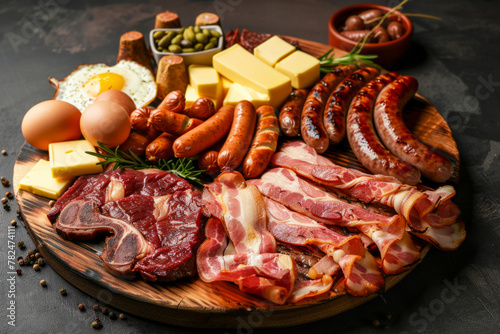 Plate full of meat, bacon, steak, eggs, sausages, butter and cheese. Generative AI