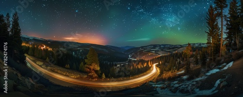 Majestic night sky panorama over winding mountain road