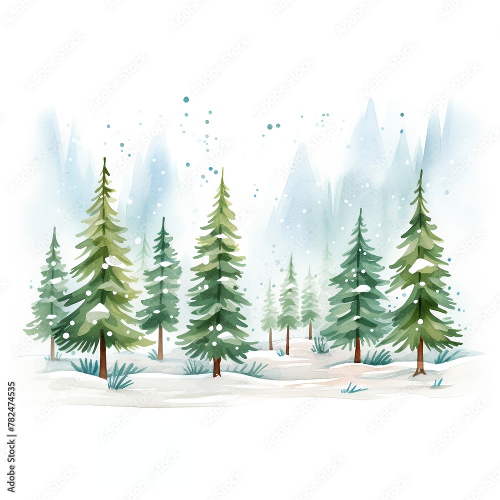 Pine Forest, Pine forest, deep greens, snow flecks, cartoon drawing, water color style.