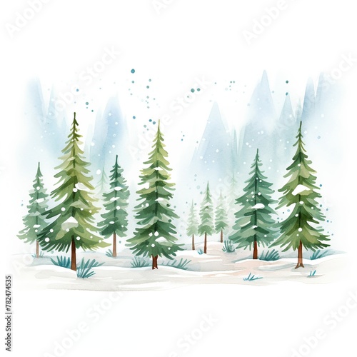 Pine Forest  Pine forest  deep greens  snow flecks  cartoon drawing  water color style.