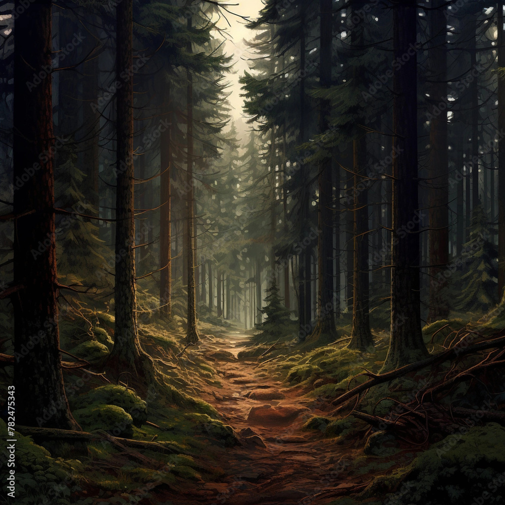 Obraz premium forest in the morning. Landscape of the pine forest in dark key. Hiking in woods. 