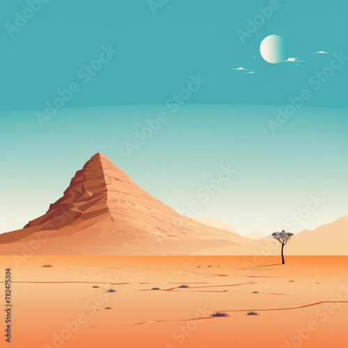 minimalistic illustration of desert against a blue sky, lots of negative space.