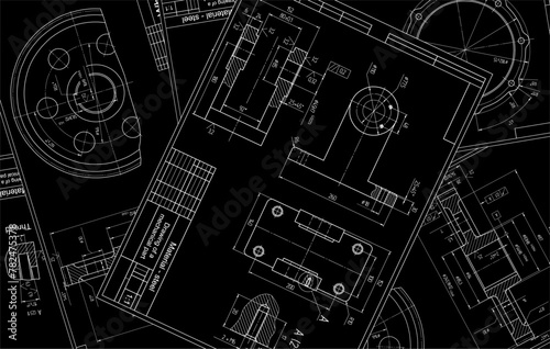 Vector engineering drawing of a steel mechanical parts with through holes.
Industrial cad scheme. Technology background.