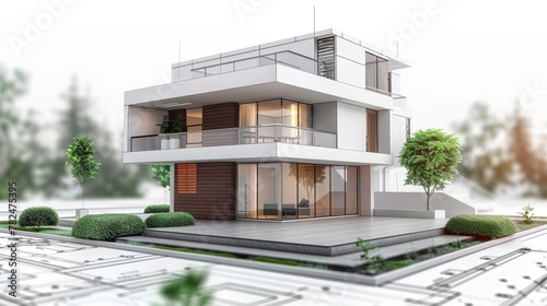 Modern house design with detailed landscaping on architectural blueprint