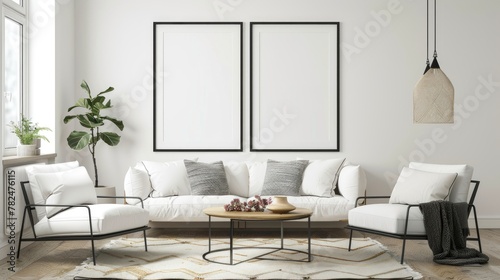 mock up poster frame in modern interior background, living room, Scandinavian style, 3D render