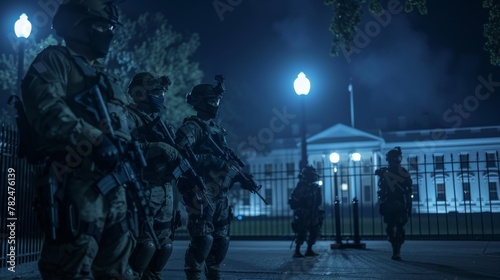 A group of soldiers in uniform are standing in formation in front of White House in Washington, DC, USA. The soldiers appear alert and disciplined in their stance. photo