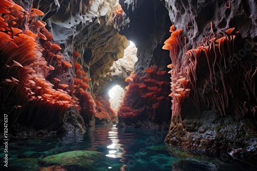 Cave with coral and water, illuminated by light at the end