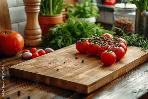 Tomatoes on cutting board, wooden table natural foods © Vladimir